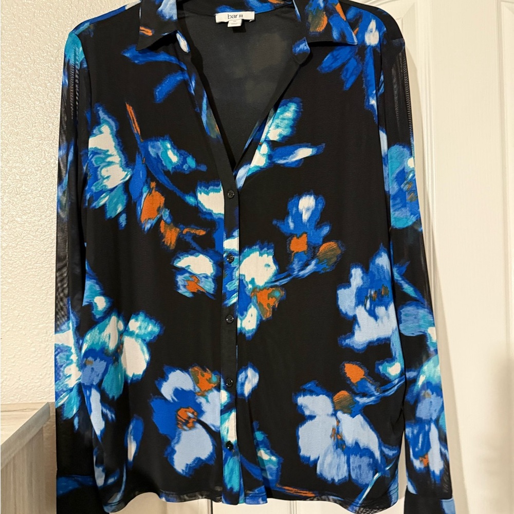 Bar III Black and Blue Patterned Blouse